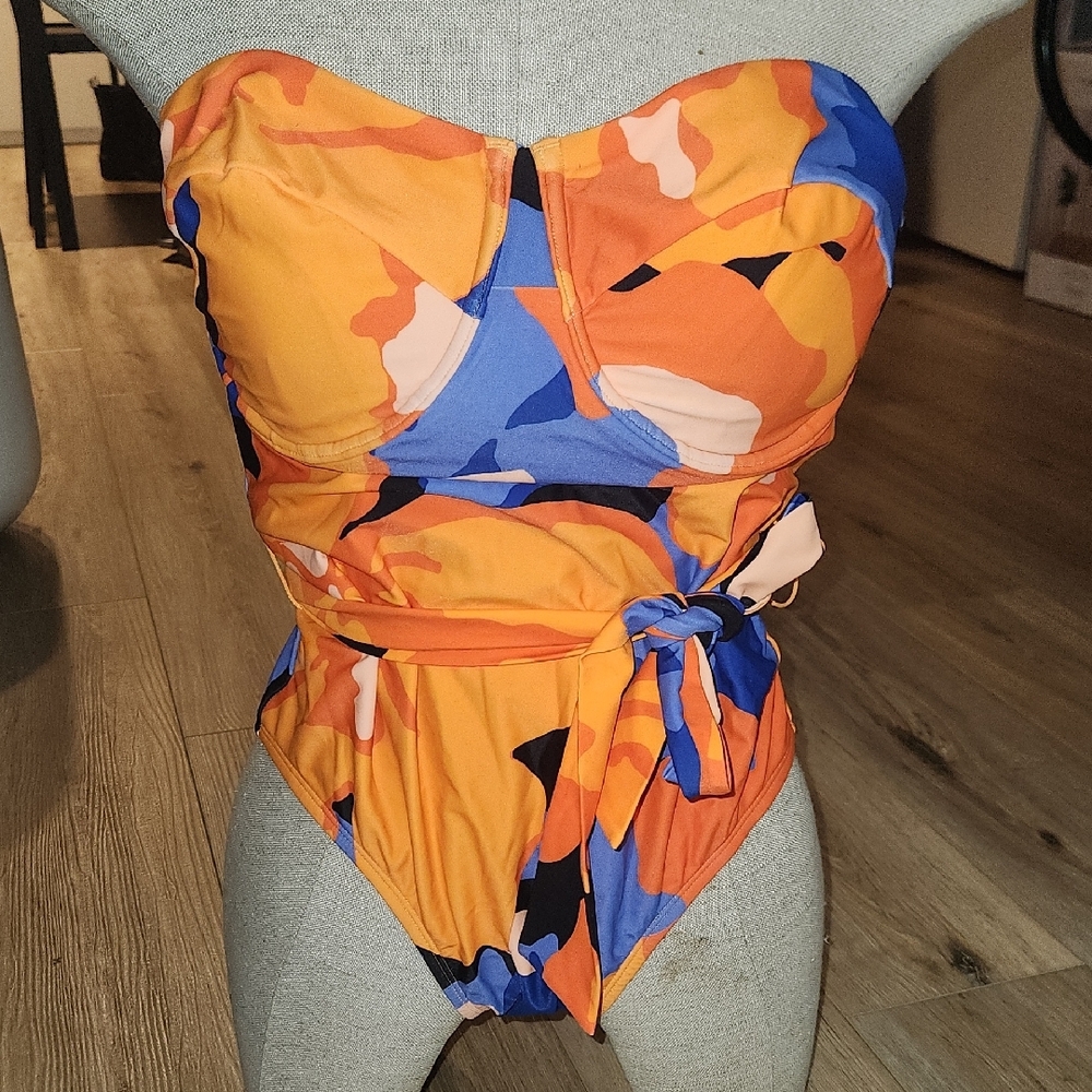 Orange and Blue One Piece Swimsuit with Sweetheart Neckline